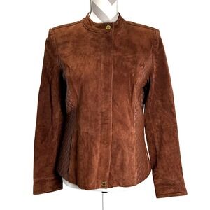 Isaac Mizrahi Live Brown Suede Quilted Leather Trim Moto Jacket Womens Size 6